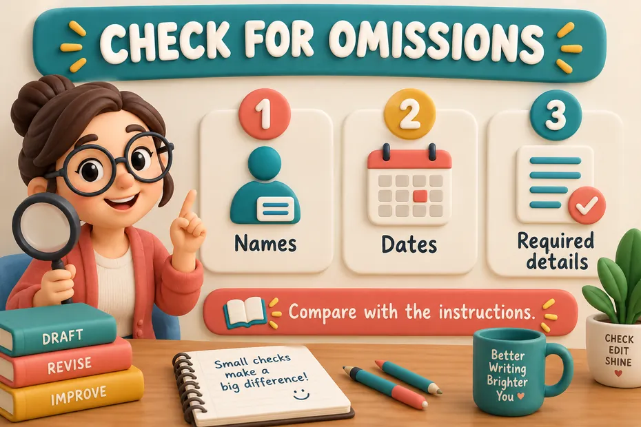 Check for omissions in names, dates, and required details; compare with the instructions.