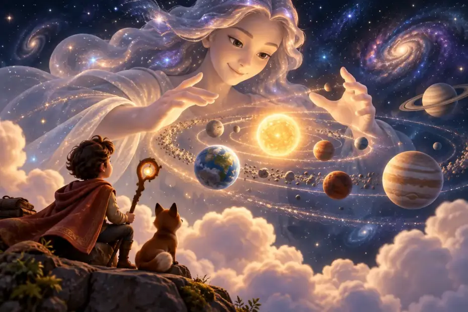 A mythic figure shapes stars in a cosmic scene.