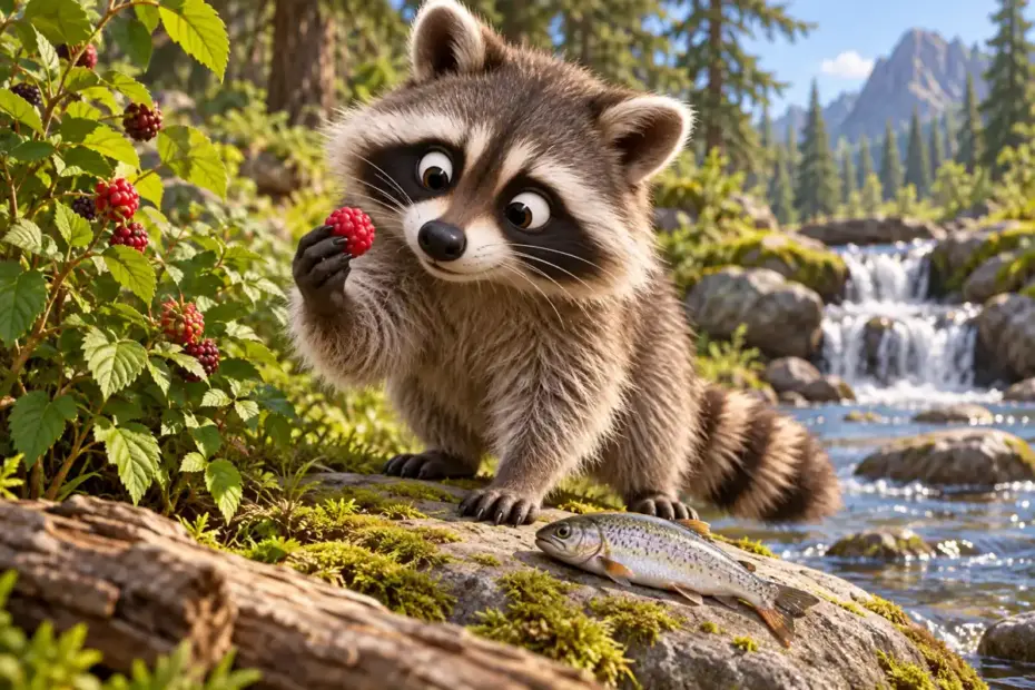A raccoon examines a berry beside a small fish near a forest stream.