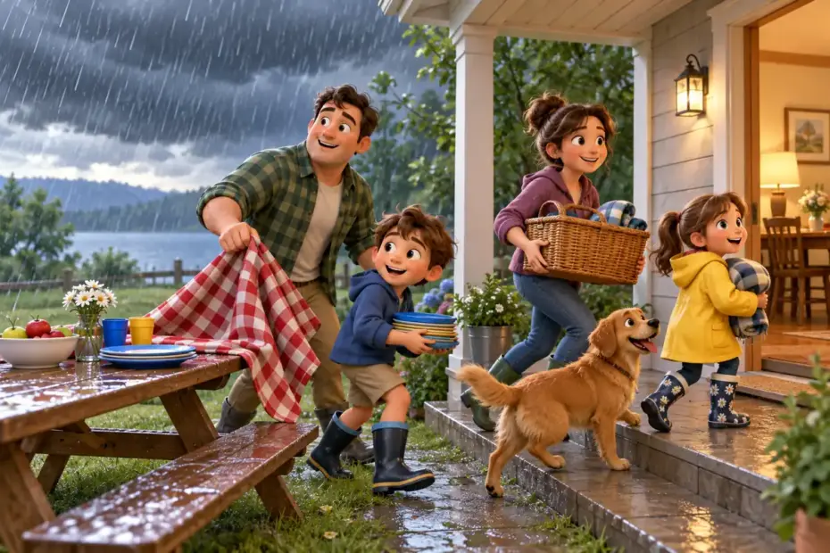 Rain clouds gather above a picnic setup as a family moves the basket indoors, showing a reason for a change of plans.