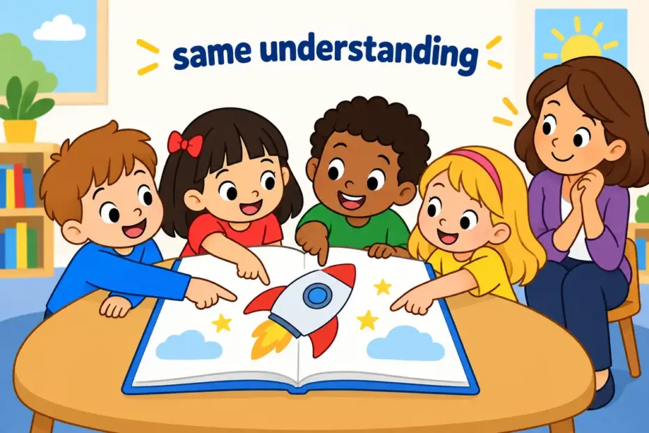 Cartoon children gather round one book pointing at the same picture, showing on the same page in a sentence as shared understanding.