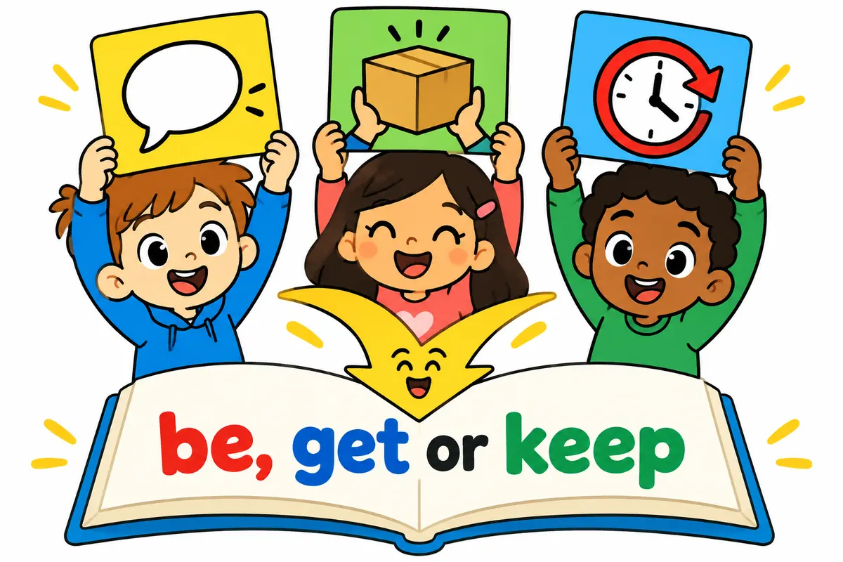 Three cartoon children hold cards showing the verbs be, get and keep beside a shared open book, showing how the idiom is built.