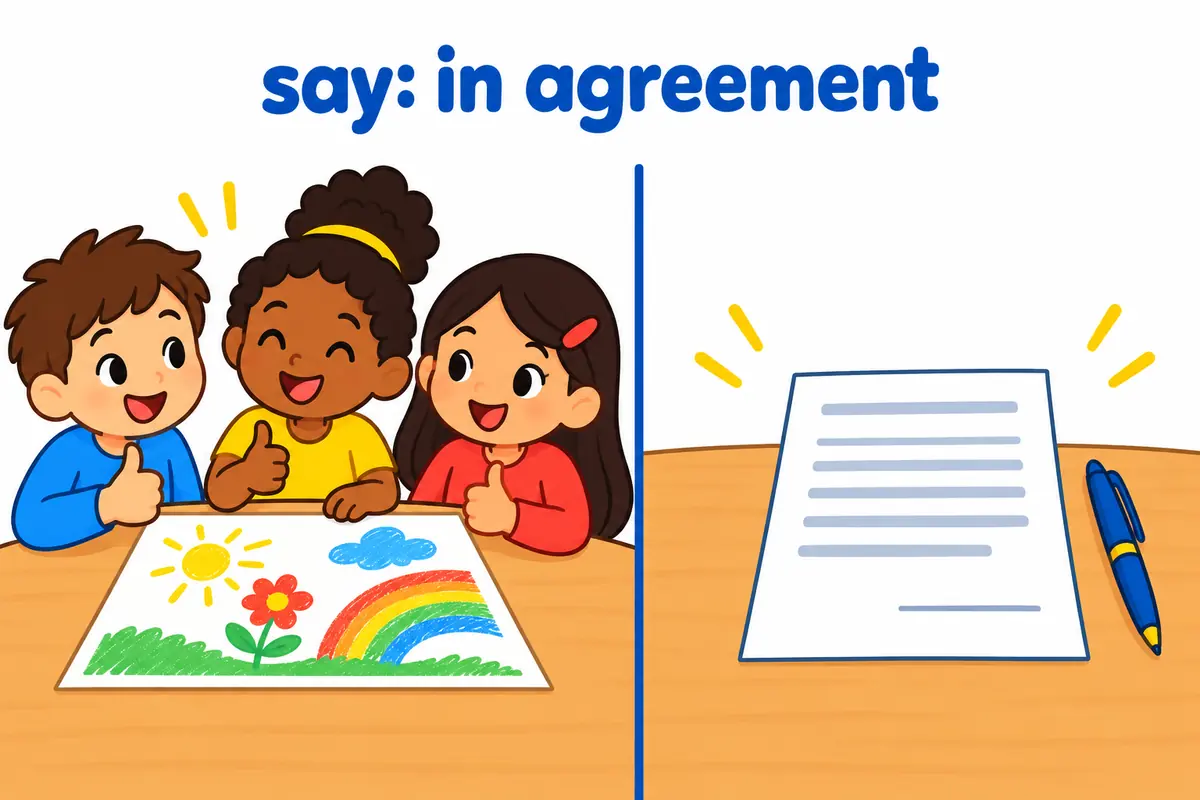 A cartoon split scene contrasts a team sharing one sheet with a tidy formal document, showing the idiom and its formal equivalent.