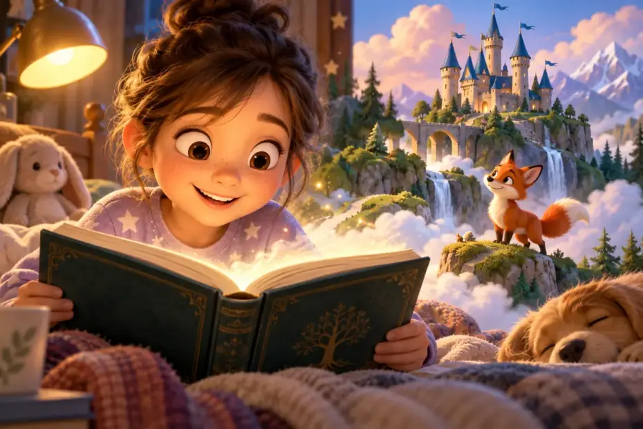 A child opens a storybook and imagines a fox near a castle.