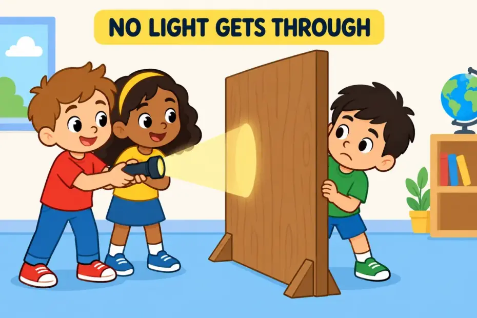 Cartoon children hold a torch behind a thick board, showing opaque in a sentence as a surface light cannot pass.