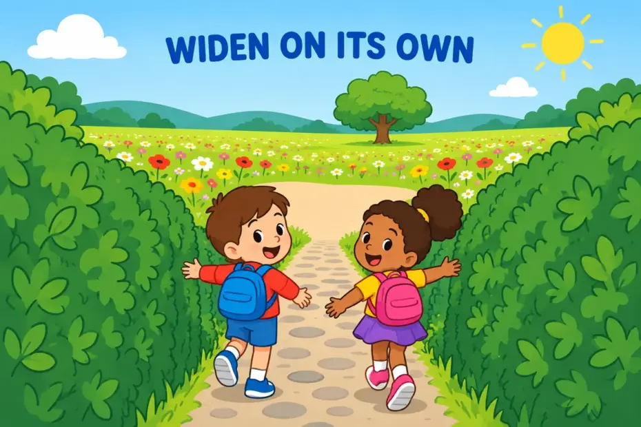 A cartoon path narrows between hedges and opens out into a wide meadow, showing open out in a sentence as widening with no object.