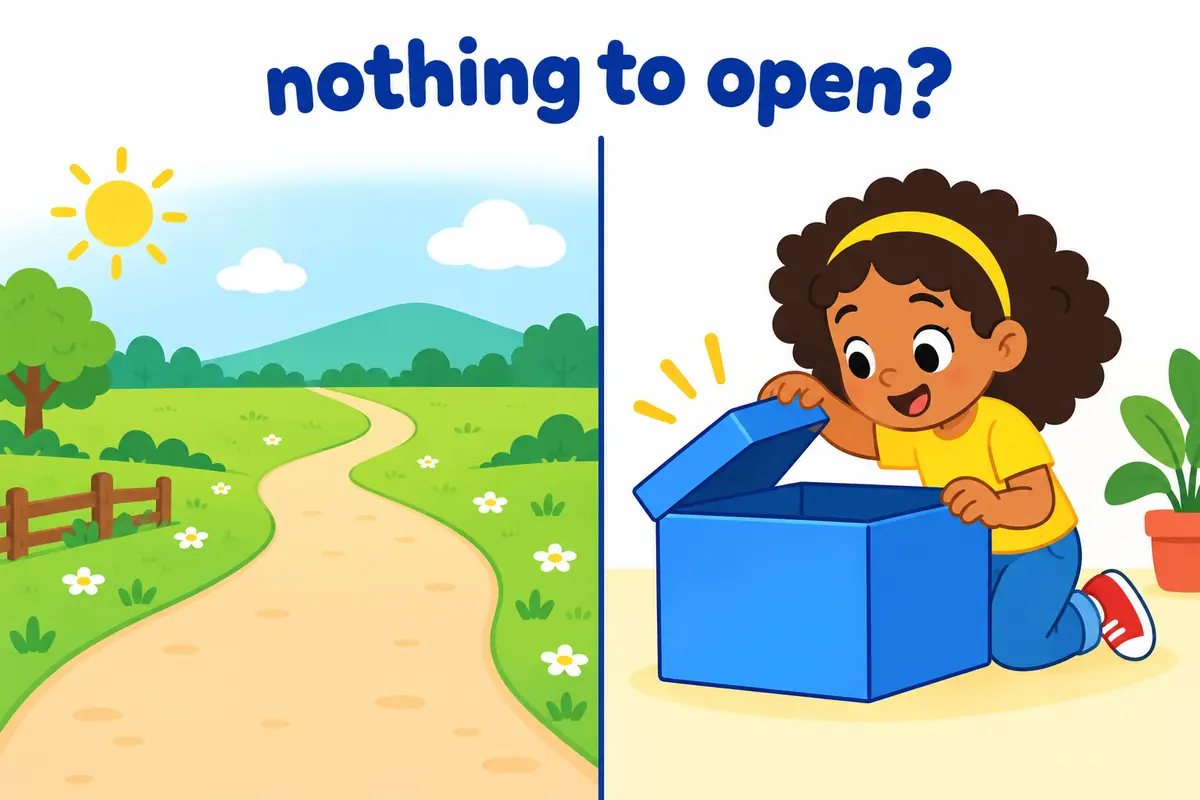 A cartoon split scene contrasts a lane opening out into a wide meadow with a child opening up a sealed box.