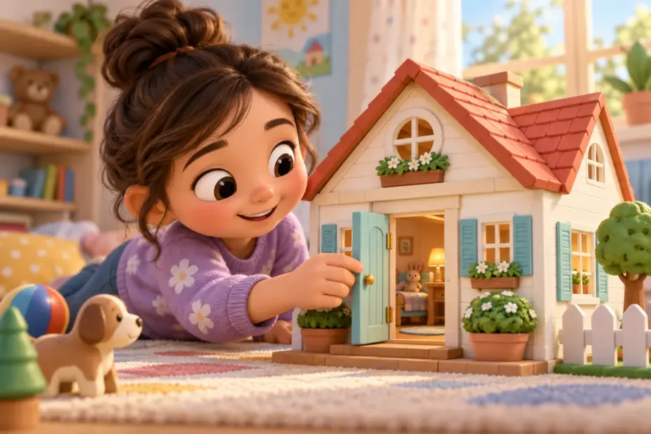 A child explores a toy house with a hinged front door.