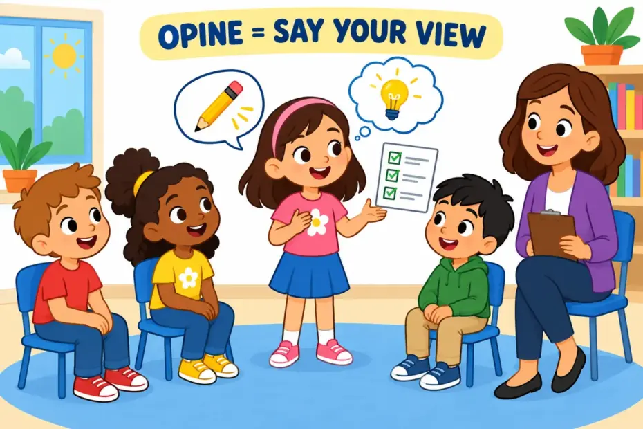 Opine: a pupil stands to share a view with classmates while a teacher listens and thought icons suggest an opinion.