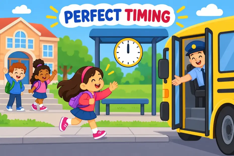 Cartoon children open the door of a bus just as a friend arrives, showing opportune in a sentence as well-timed convenience.