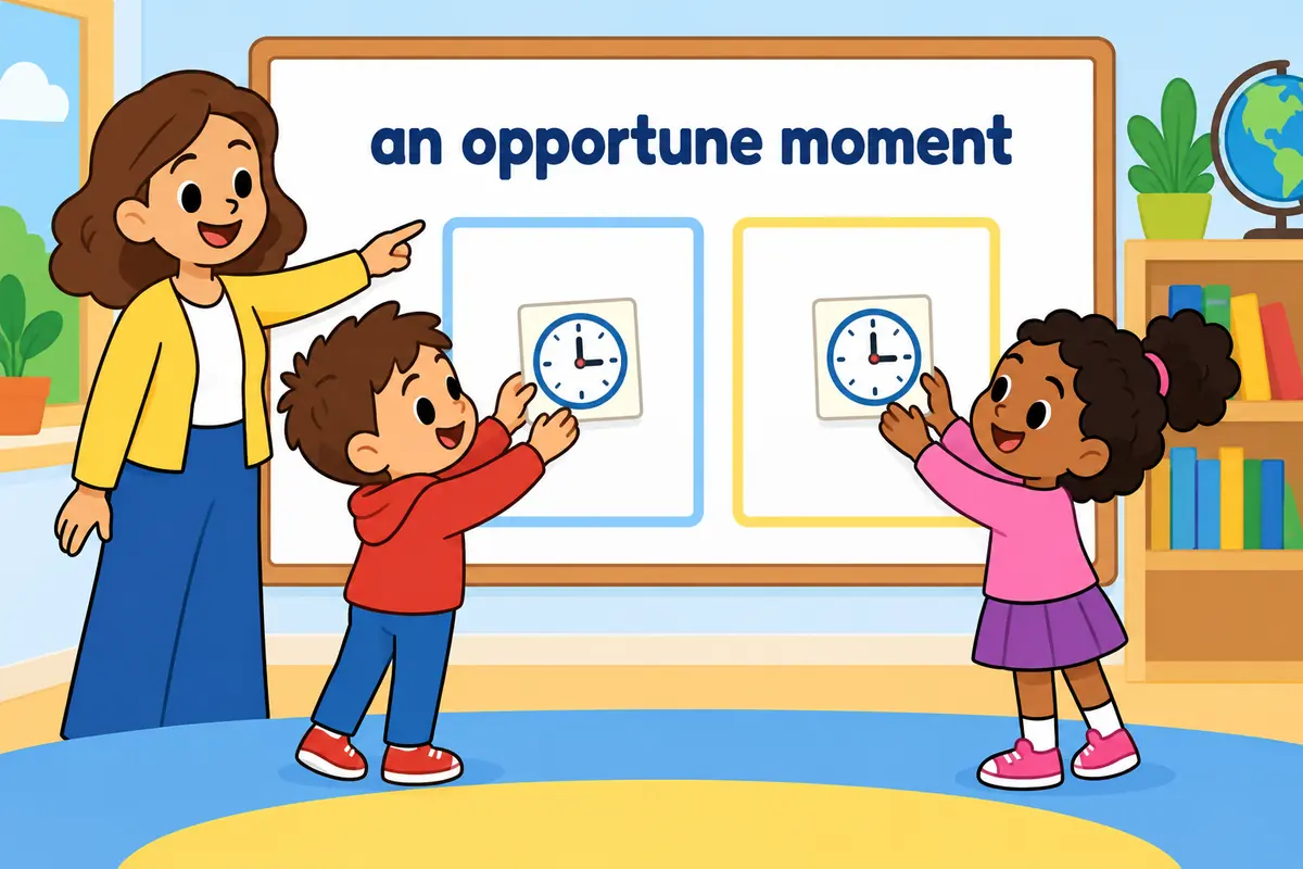 A cartoon board shows the adjective slotting before moment and after the verb be in two tidy sentence frames.
