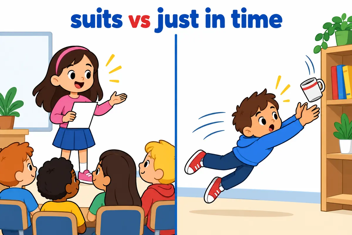 A cartoon split scene contrasts a child choosing the right moment to speak with a child catching a falling cup just in time.