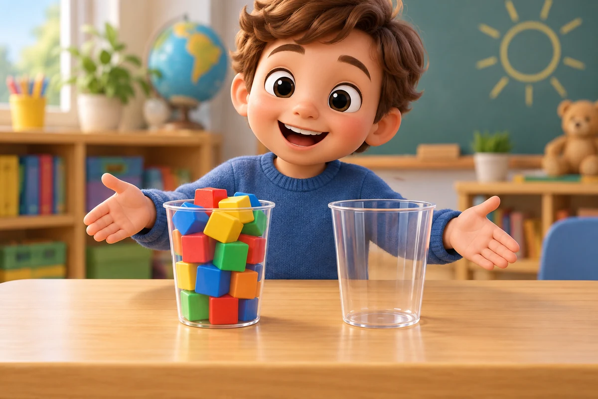 A child compares a full cup with an empty cup.