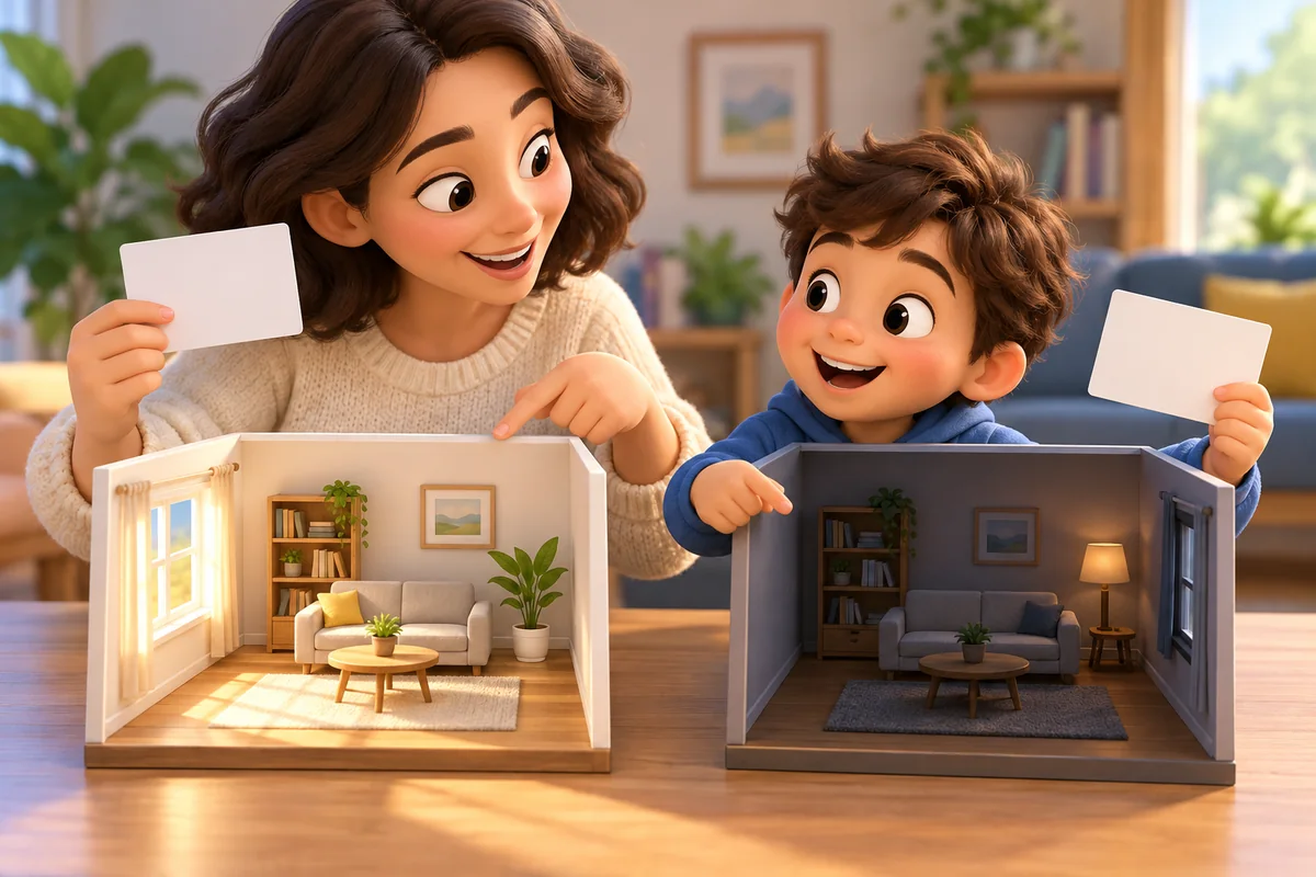 A parent and child compare a bright room with a dark room.