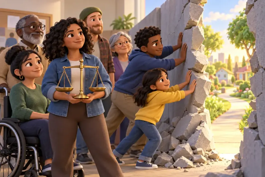Neighbors work together to open a path through an unfair barrier.