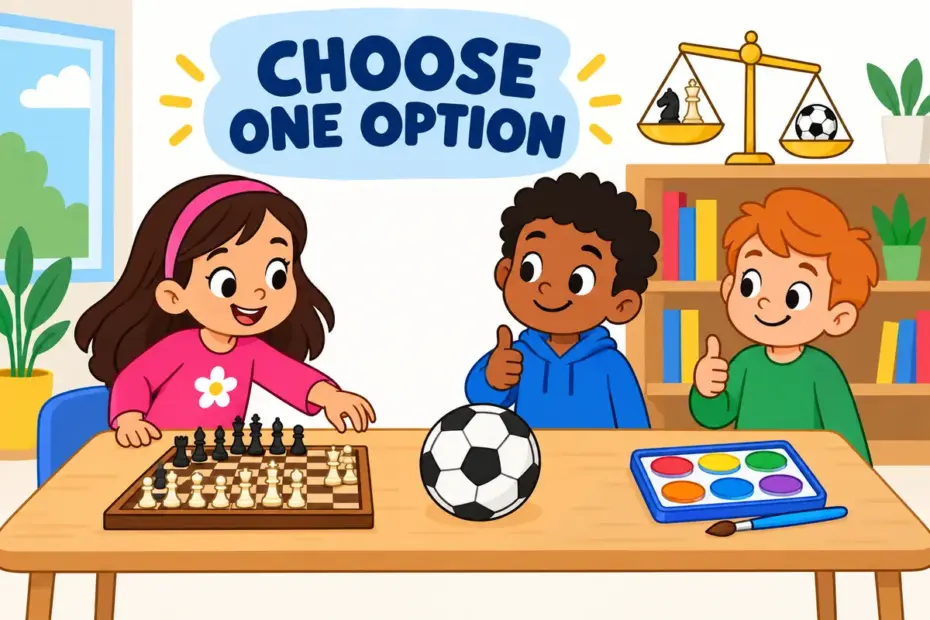 Cartoon pupils opt for one activity as a girl picks a chess board from a table of choices.