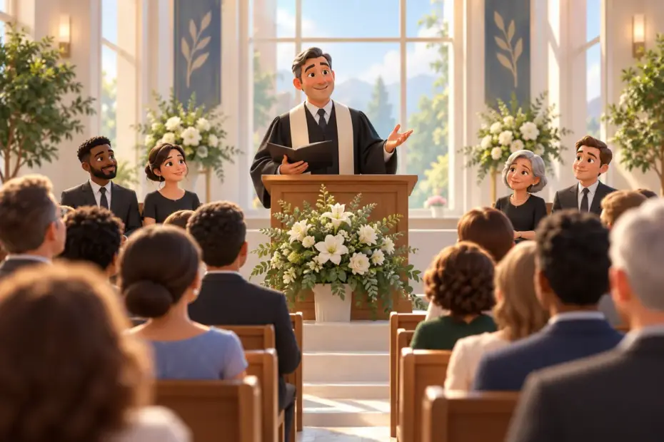 A congregation gathers for a respectful ministerial ceremony in a bright hall.
