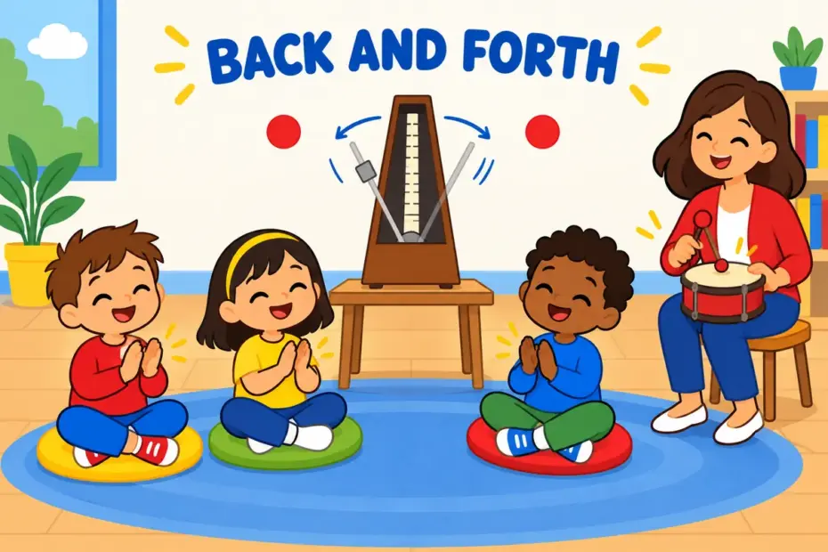 Cartoon children watch a metronome arm swing evenly between two dots, illustrating oscillate in a sentence as regular movement.