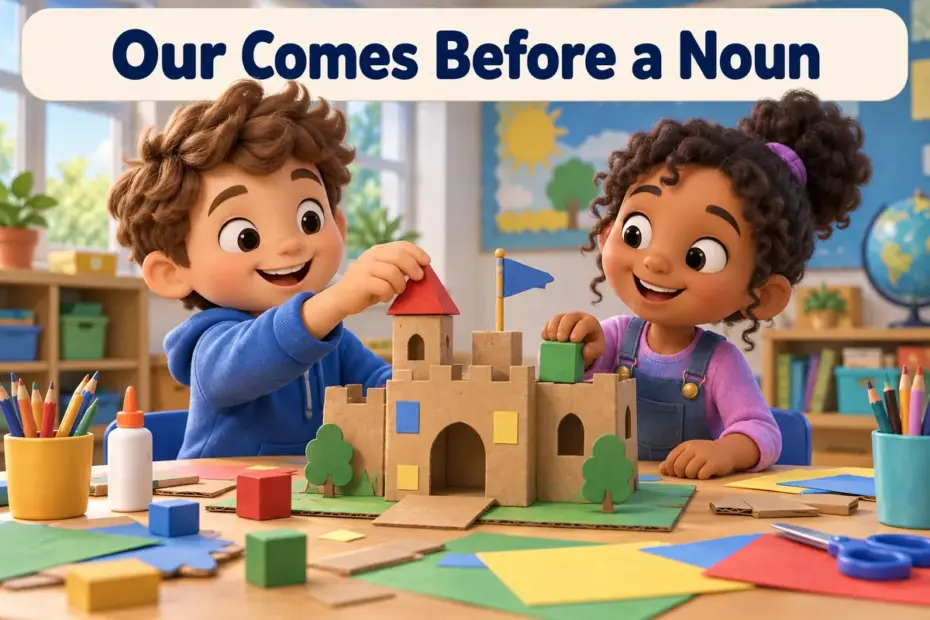 Two children build a shared model together, illustrating how our links a group to something connected to them.
