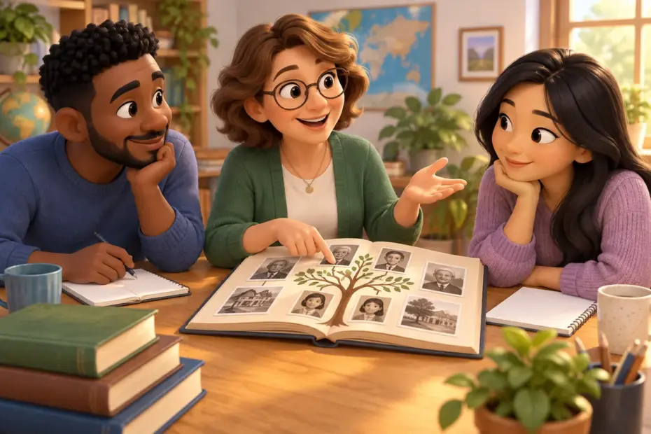 A teacher and adult learners discuss a family-history passage.