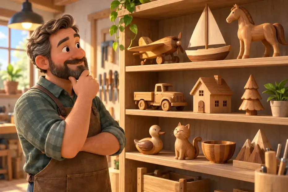 A craftsperson reviews finished wooden models.