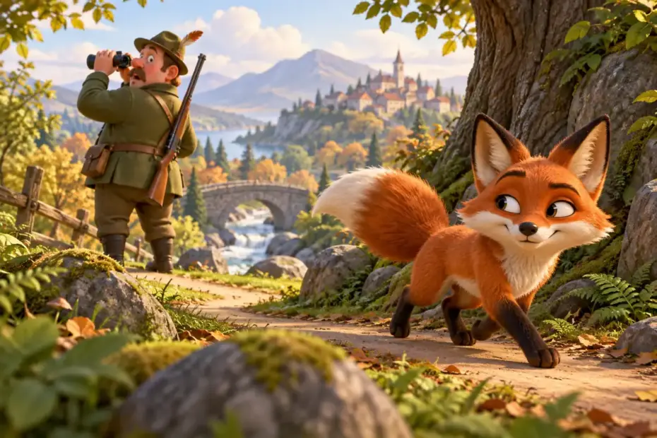 A clever fox takes a winding path while a surprised storybook hunter looks the other way.