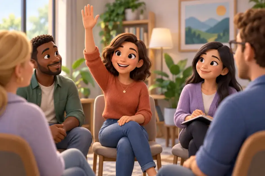 A person openly raises a hand in support during a group meeting.