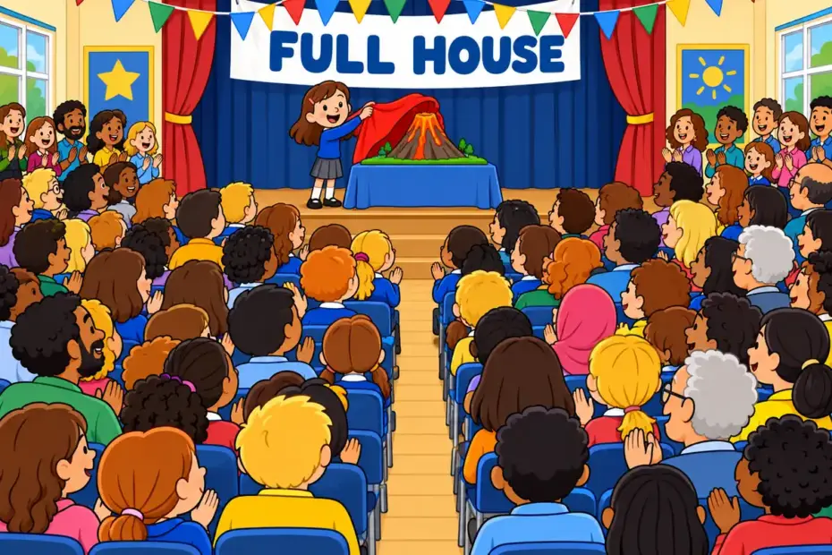 Cartoon pupils and families pack out a school hall for a science fair, every seat taken.