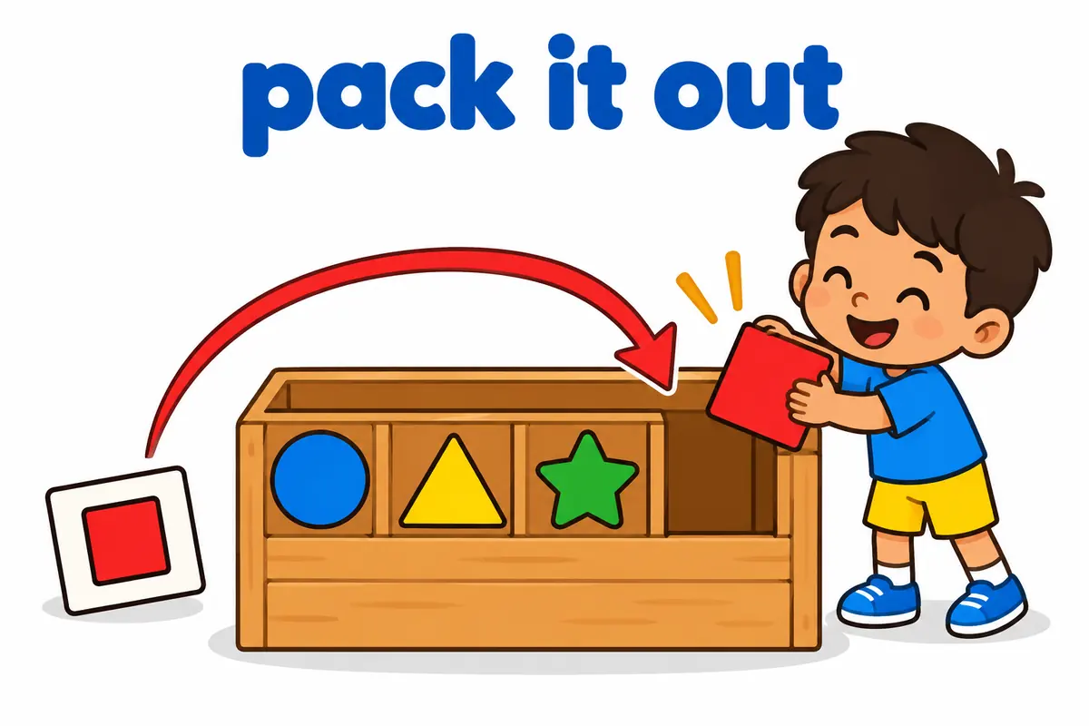 A cartoon child slides one last block into a nearly full crate, showing pack out in a sentence as filling a container completely.