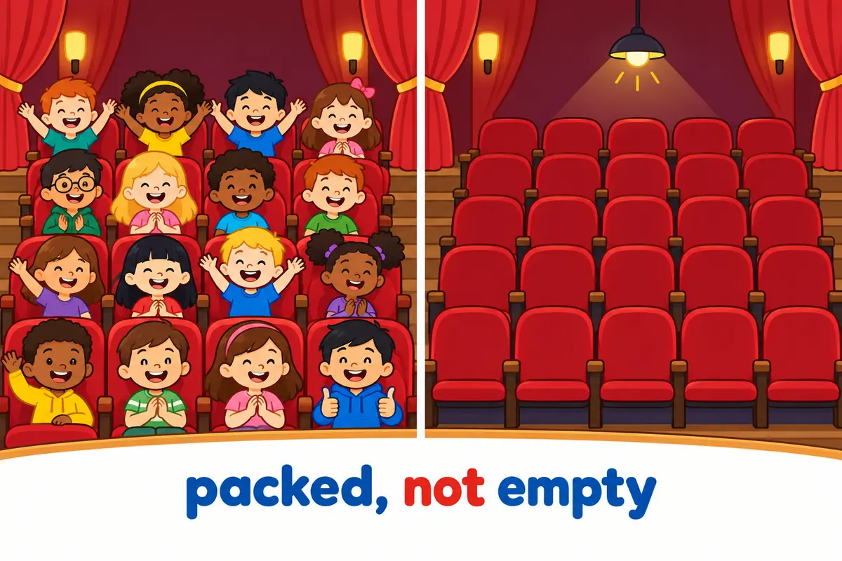 A cartoon split scene contrasts a packed-out theatre full of happy children on one side with an empty hall on the other.