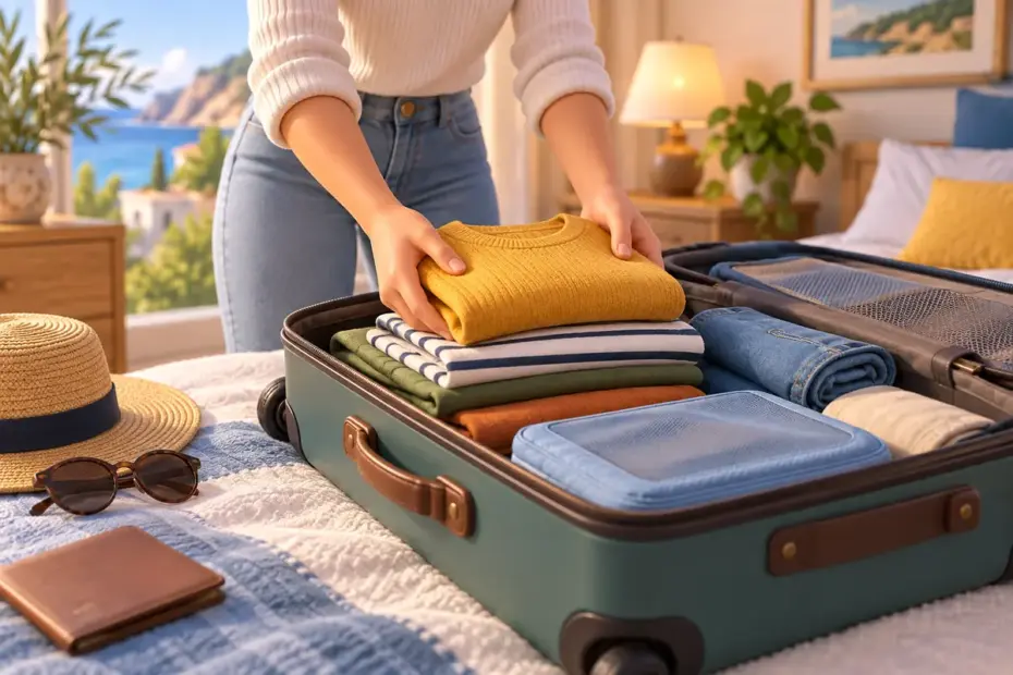 Hands placing folded clothes in a suitcase.