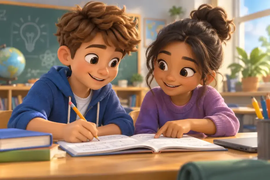 Two students work together at a classroom desk.