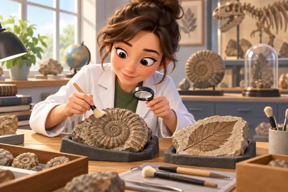 A scientist examines shell and leaf fossils in a laboratory.