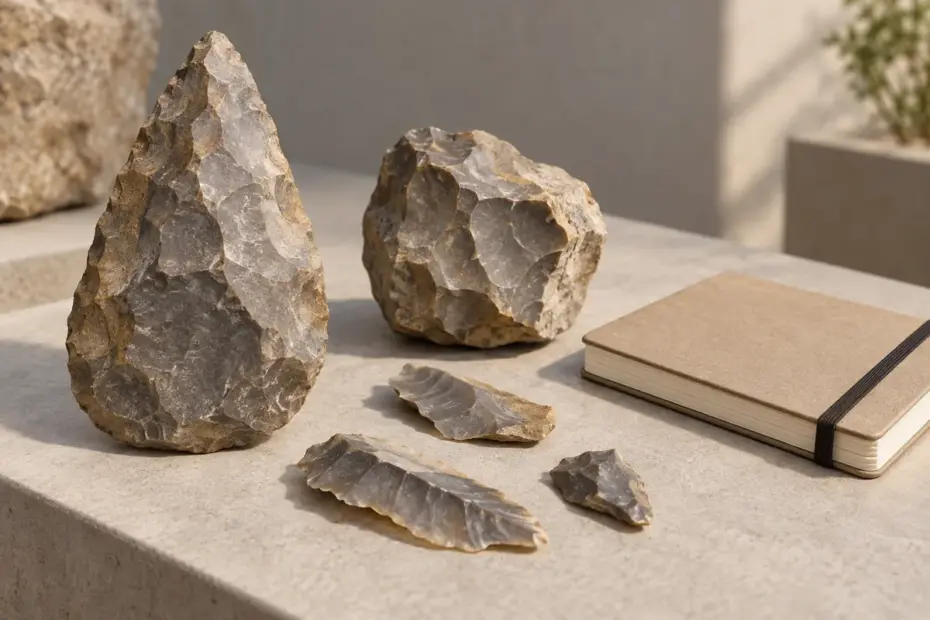 A flint handaxe and stone flakes are arranged beside a simple field notebook in a museum-like setting.