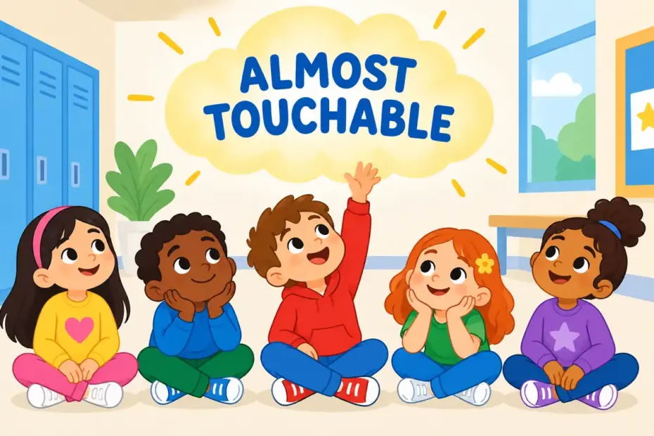 Cartoon children sit in a quiet hall where a thick band of feeling hangs in the air like a soft cloud, showing palpable in a sentence.