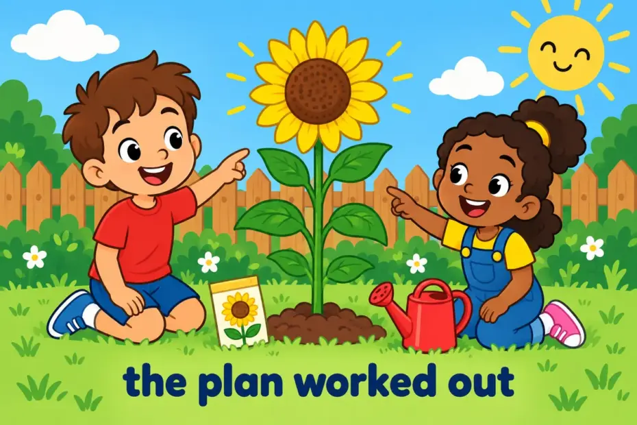 Cartoon children watch a seed they planted grow into a tall flowering plant, showing pan out in a sentence as a plan that succeeds.