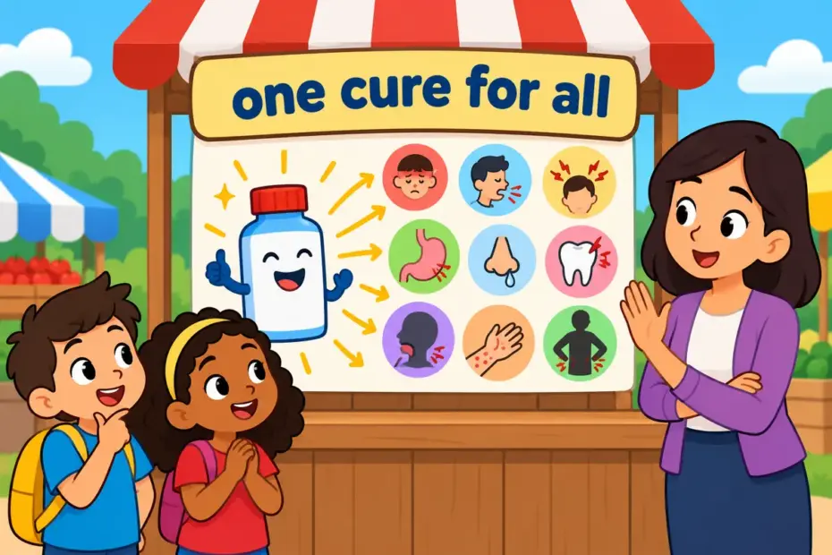 Cartoon children read a market sign offering one bottle as a panacea for every ailment, showing panacea in a sentence as a cure-all.