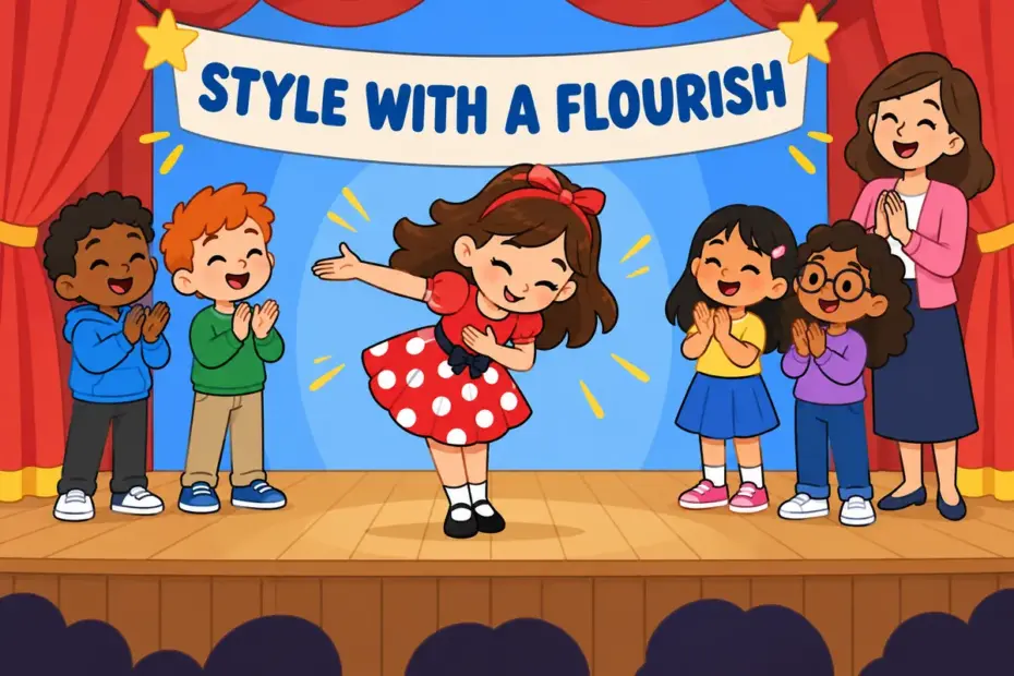 Cartoon pupils finish a class play with a bold bow, illustrating panache in a sentence as dashing style.