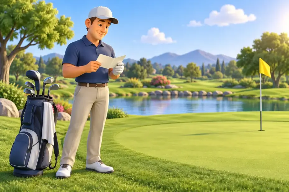 A golfer checks a scorecard beside a green under bright morning light.