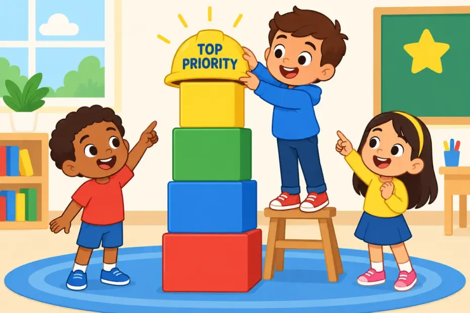 Cartoon children place a safety helmet on the highest block of a tall stack to show paramount in a sentence.