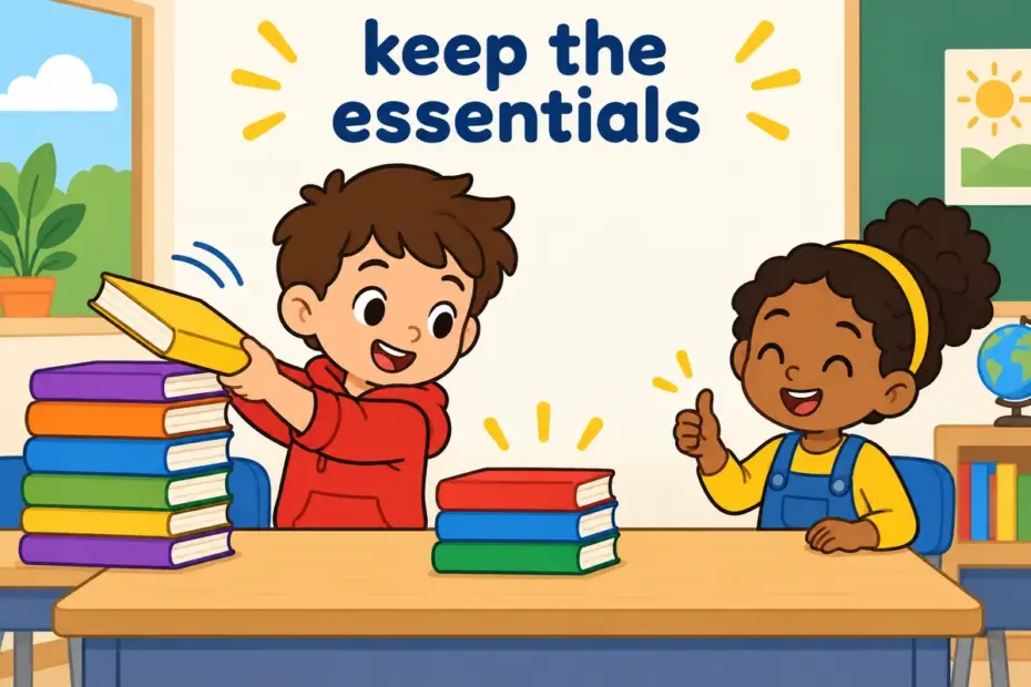 Cartoon children remove books from a tall stack until three remain, showing pare down in a sentence as cutting to essentials.