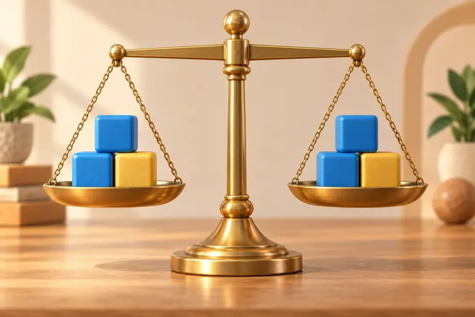 A level brass scale holds equal stacks of blue and yellow blocks.