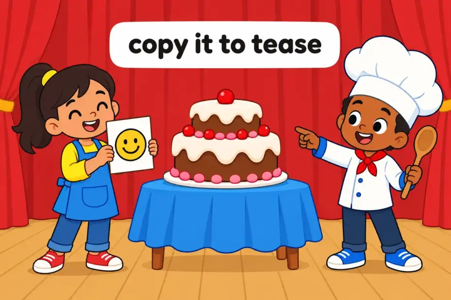 Two cartoon children perform a silly parody of a cooking show, wearing oversized hats beside a wobbly prop cake.