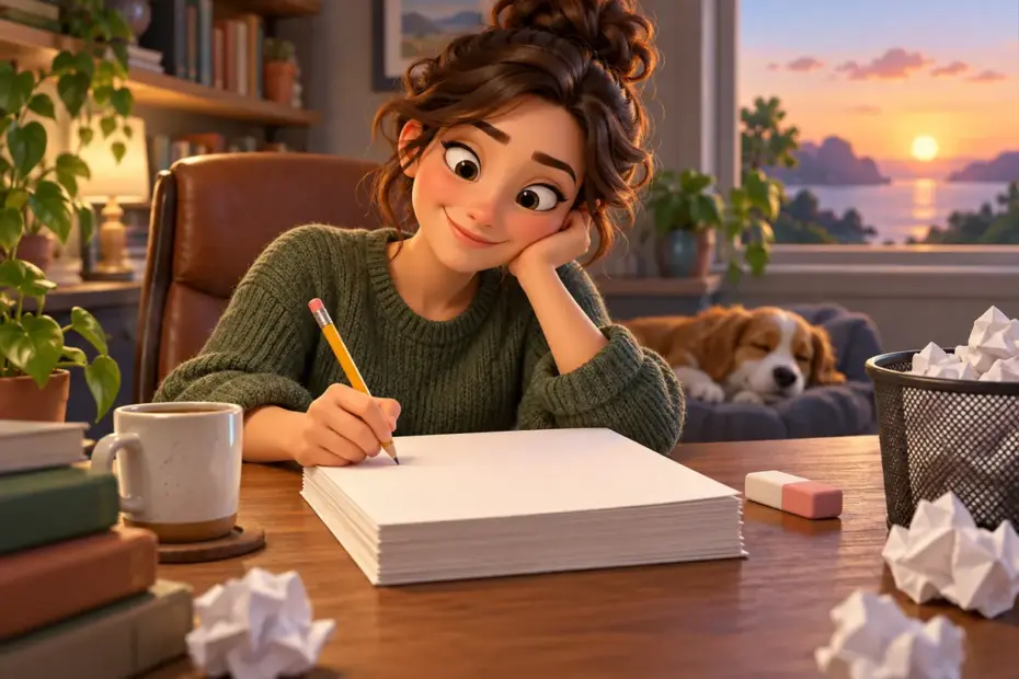 A writer revises a blank manuscript beside a pencil and eraser.