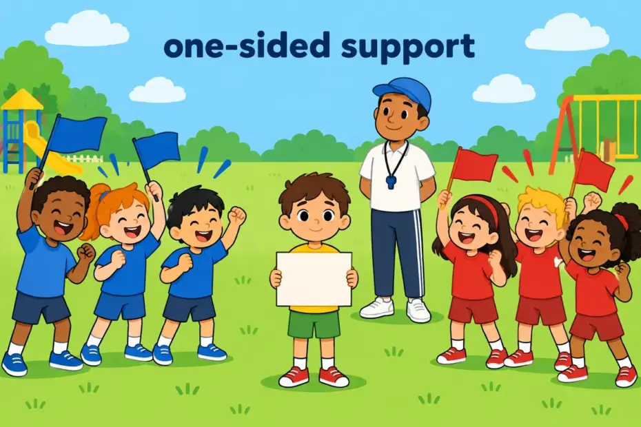 Cartoon children hold different team flags and cheer only their own side, showing partisan in a sentence as one-sided support.