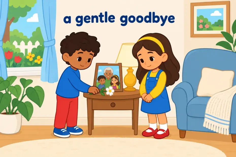 Cartoon children place a flower beside a framed photograph and an empty chair, showing pass away as a gentle way to say someone has died.
