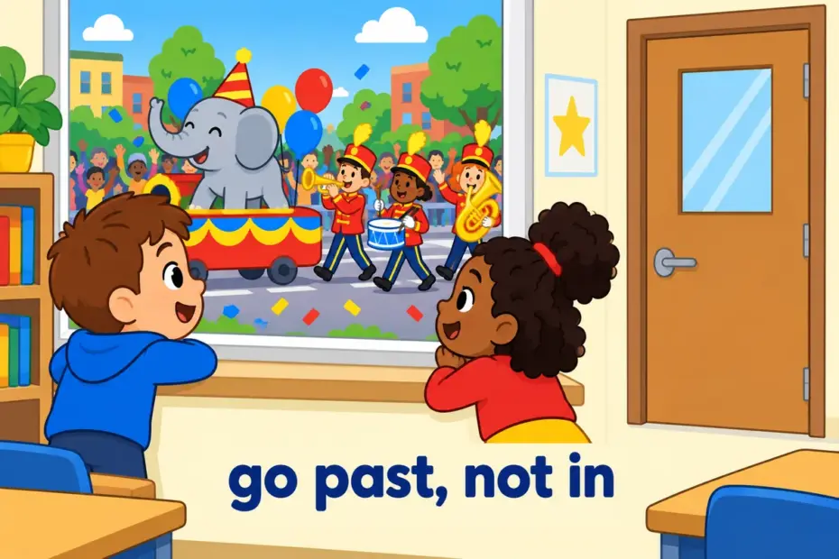 Cartoon children watch a parade pass by their window without going outside, showing pass by in a sentence.