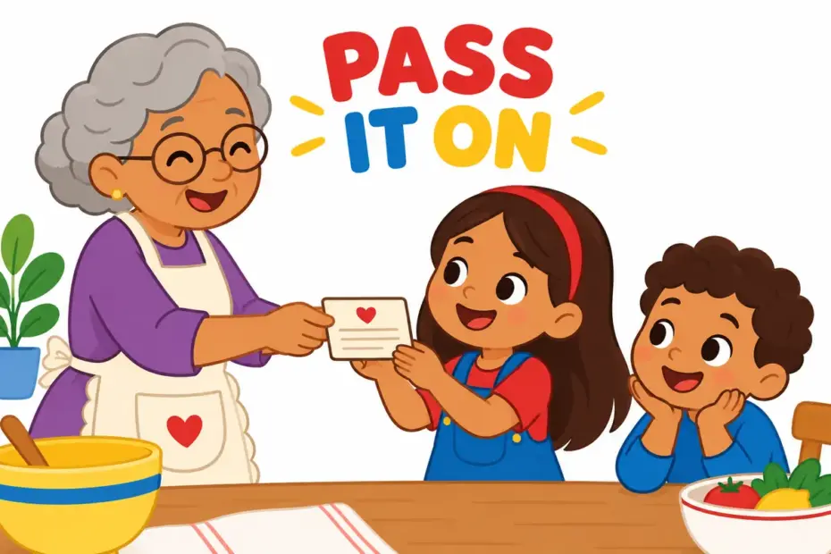 Cartoon grandmother hands a recipe card to a smiling girl, showing pass down in a sentence as giving a tradition to the next generation.