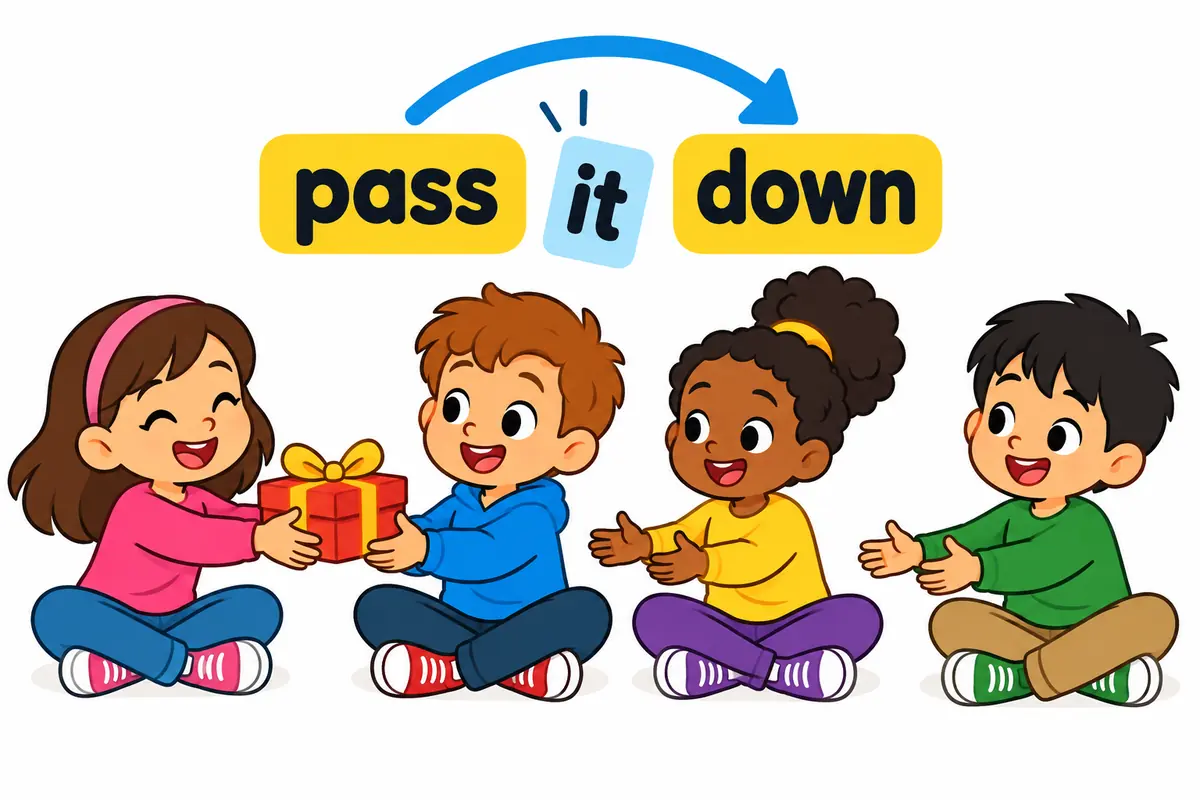 A cartoon girl passes a wrapped parcel down a line of children, with an arrow showing the object moving between pass and down.