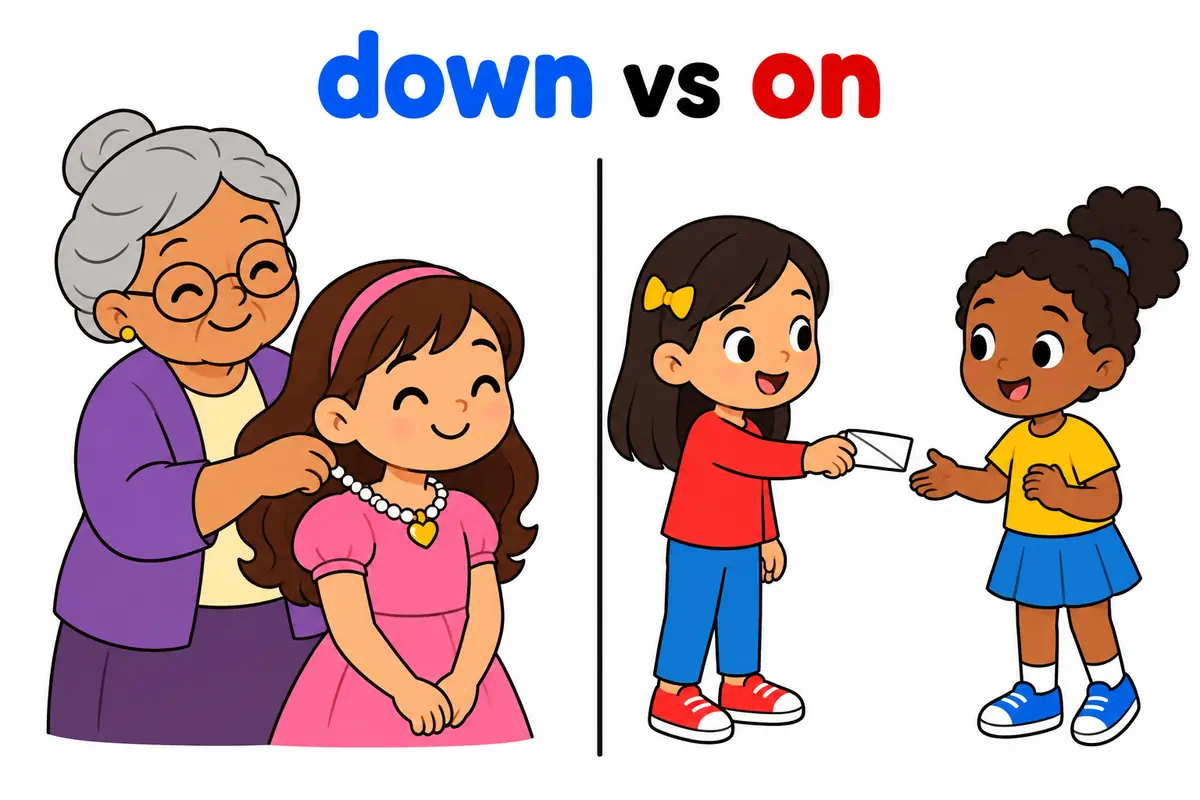A cartoon split scene contrasts a grandmother giving a necklace to a girl with a girl handing a note sideways to a friend.